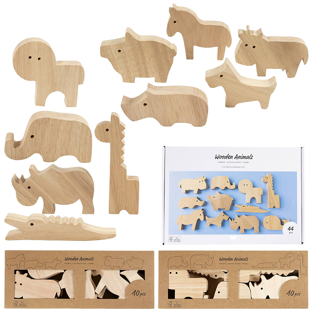 Chunky Wooden Farm & Safari Animals to Decorate | 10 or Bulk 42 | Kids Crafts