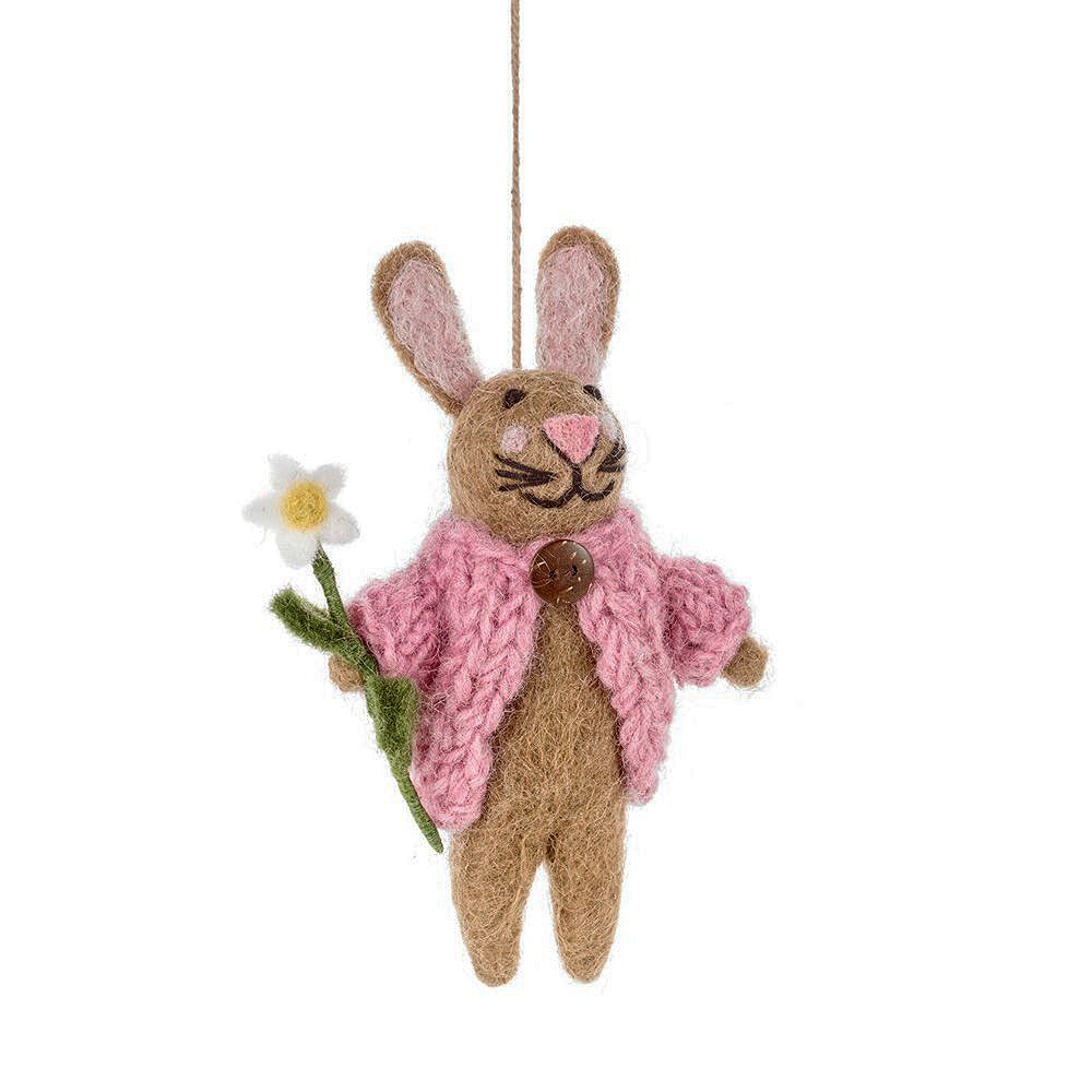 14cm Hand Felted Rabbit in Cardigan and Flower | Hanging Easter Tree Decoration