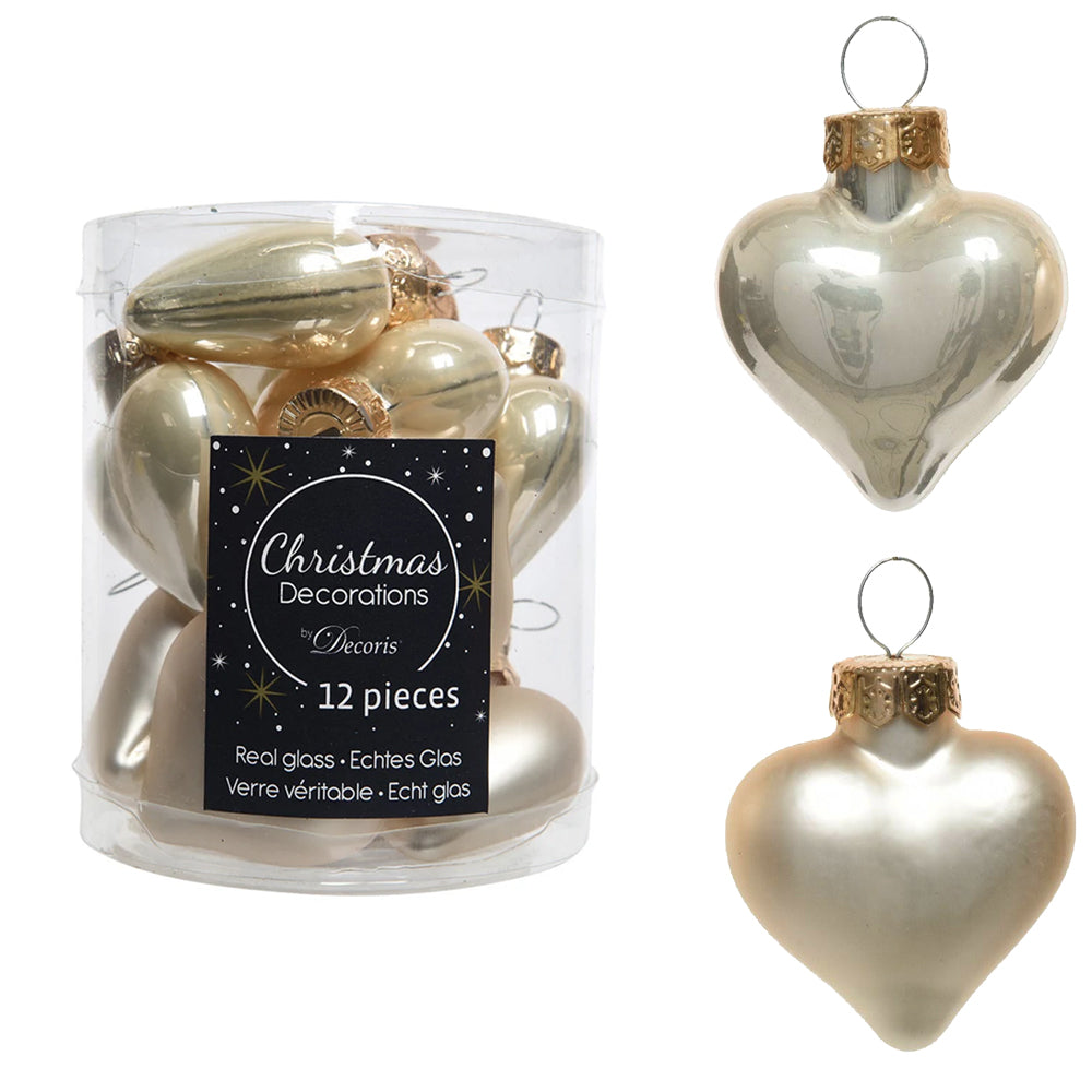 12 4cm Real Glass Heart Shaped Baubles | Pearl Ivory | Christmas Tree Decoration