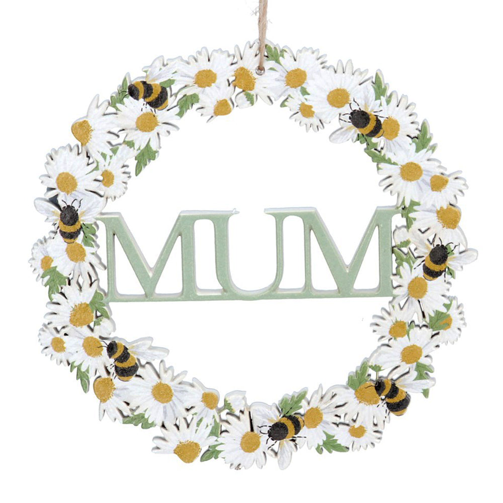 Mum | Bee and Daisy Wreath | 11cm Hanging Wooden Decoration | Gisela Graham