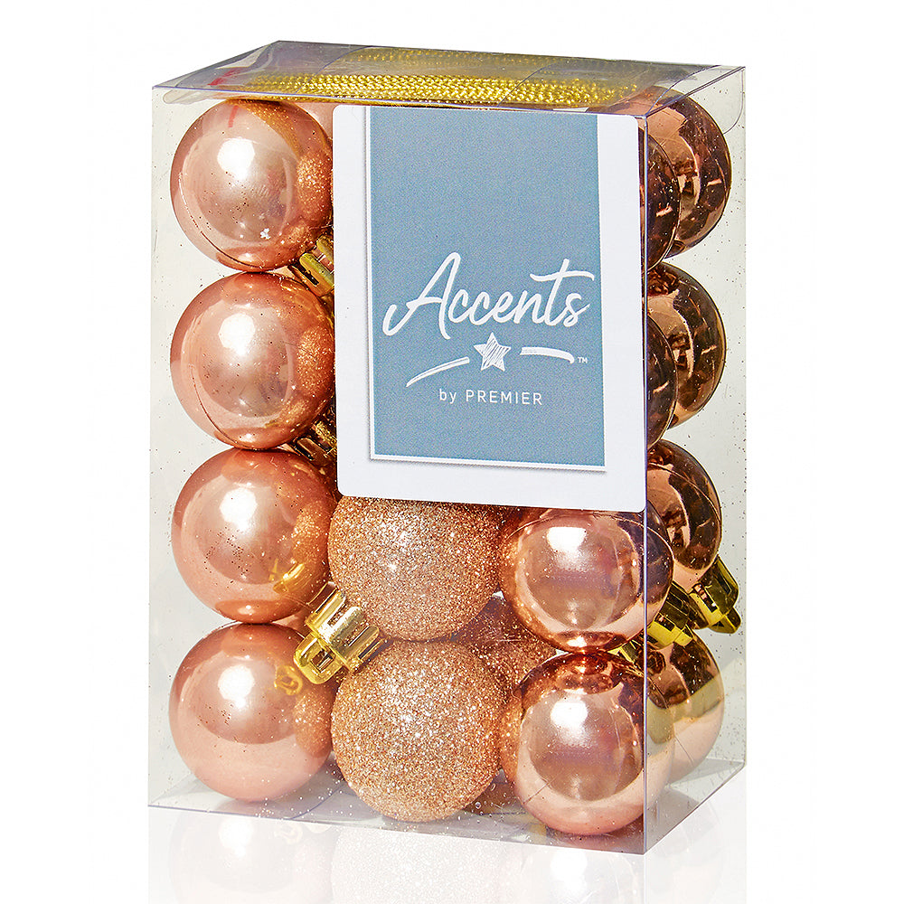 30mm Rose Gold Christmas Baubles | 24 Assorted | Shatterproof Tree Decorations