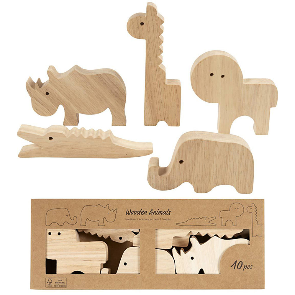 Chunky Wooden Farm & Safari Animals to Decorate | 10 or Bulk 42 | Kids Crafts