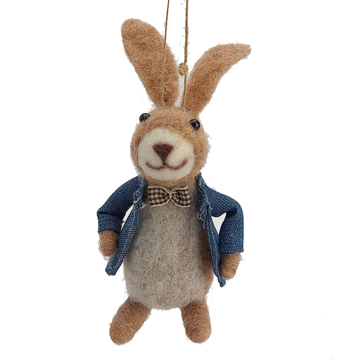 Single 15cm Felted Rabbit with Blue Jacket Hanging Ornament for Easter Trees