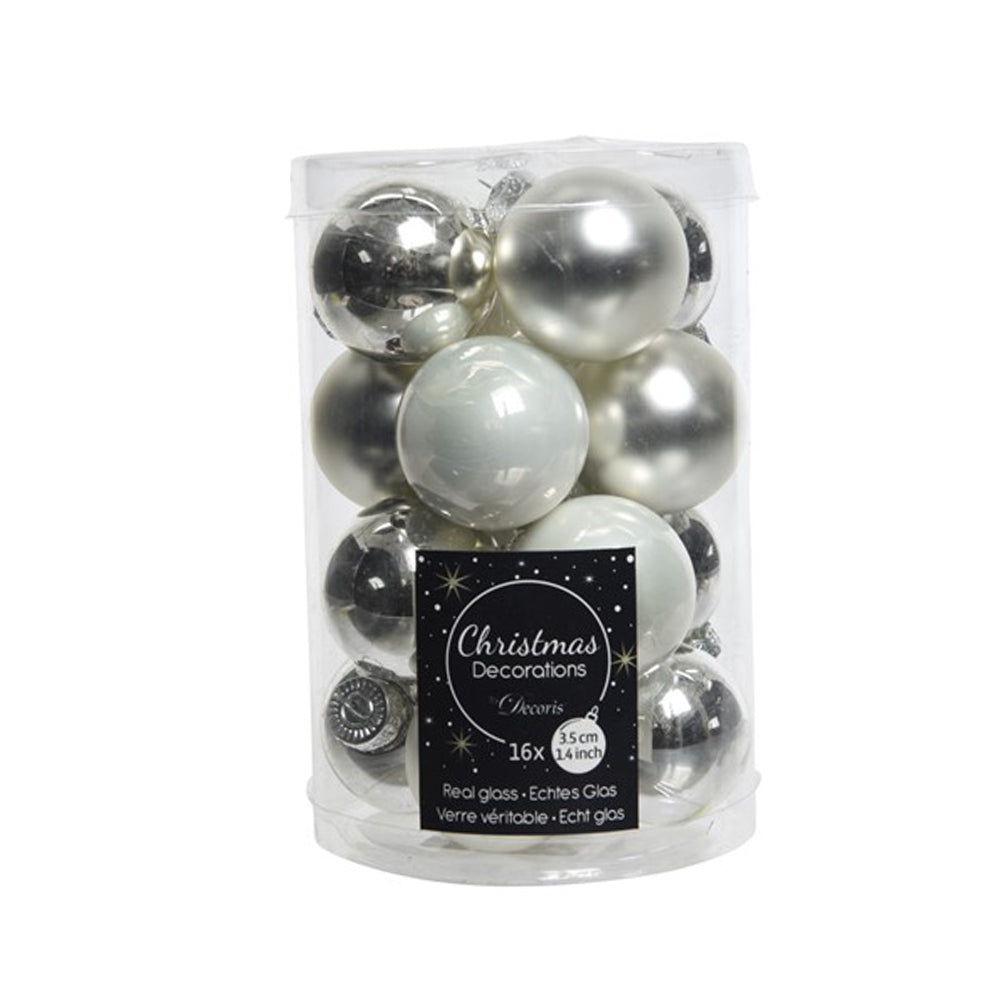 16 3.5cm Silver Shades Mix Glass Christmas Tree Bauble Decorations