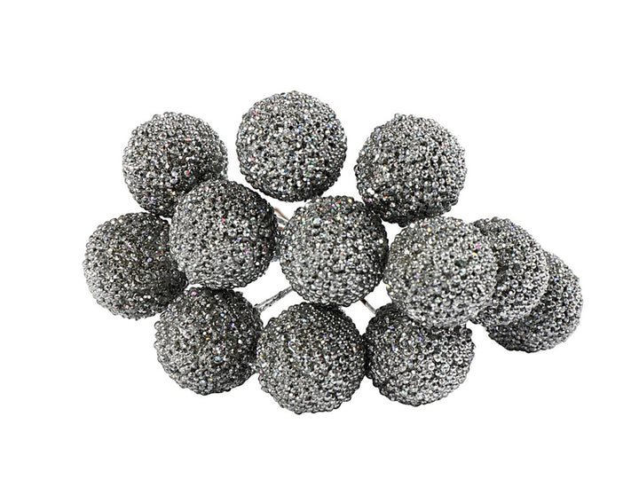 12 Wired Silver Glittered Berries for Christmas Wreaths & Floristry