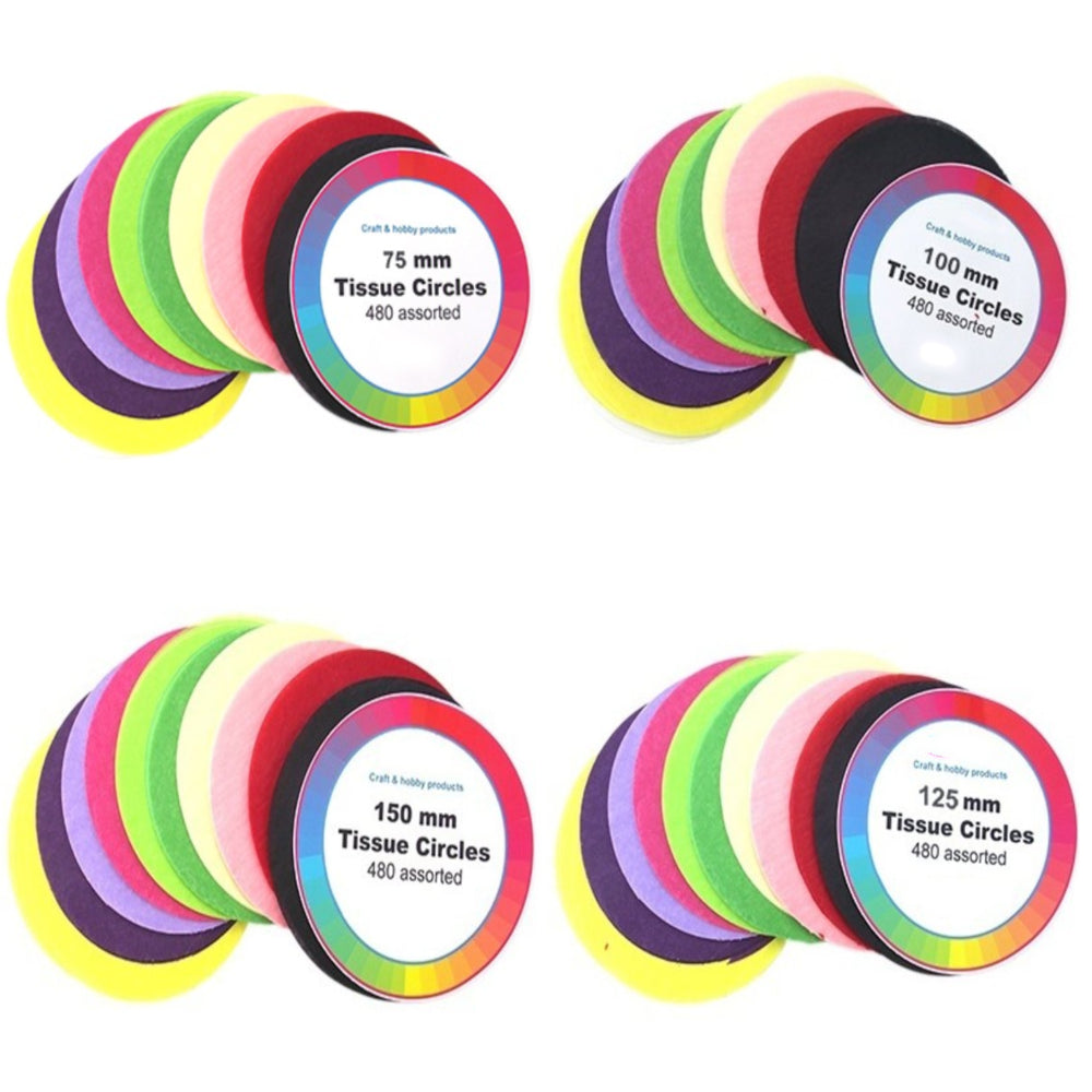 480 Assorted Colours Tissue Paper Circles for Kids Crafts - Choice of Sizes