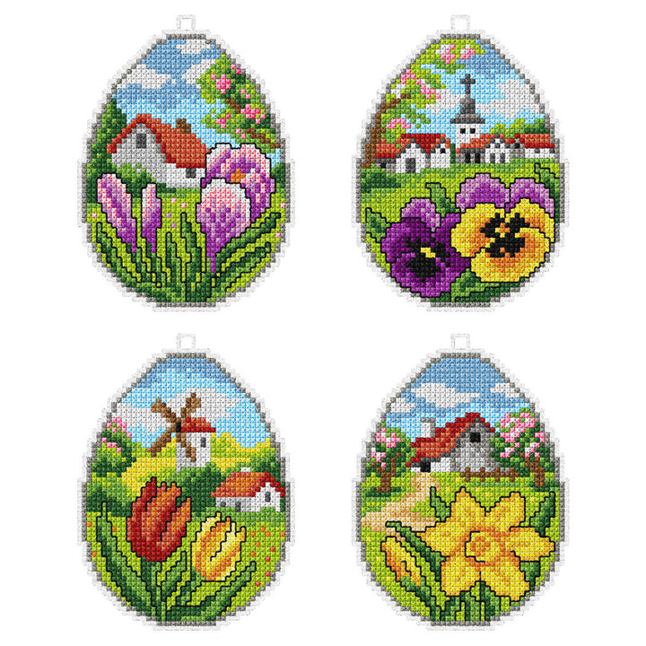 Hanging Springtime Flowers | Easter Eggs | Set of 4 | Cross Stitch Kit