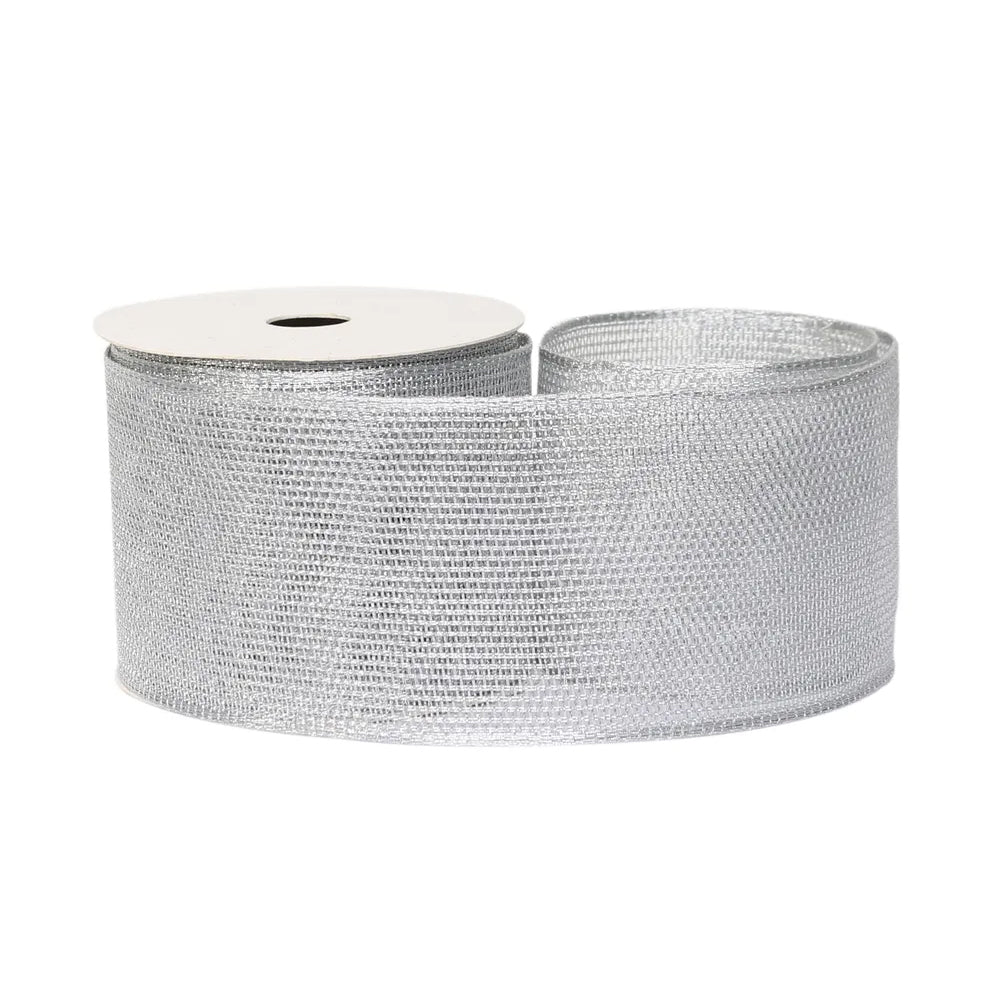 63mm x 9.1m Metallic Silver Wired Edge Loose Woven Ribbon for Crafts