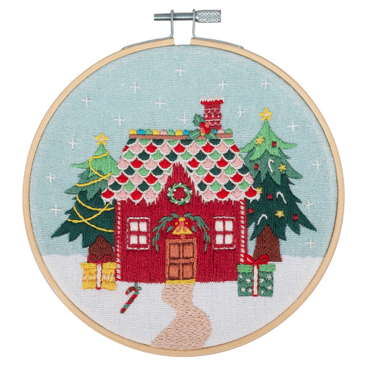 Christmas Gingerbread Cottage | Complete Embroidery Kit with Hoop | 15cm Wide