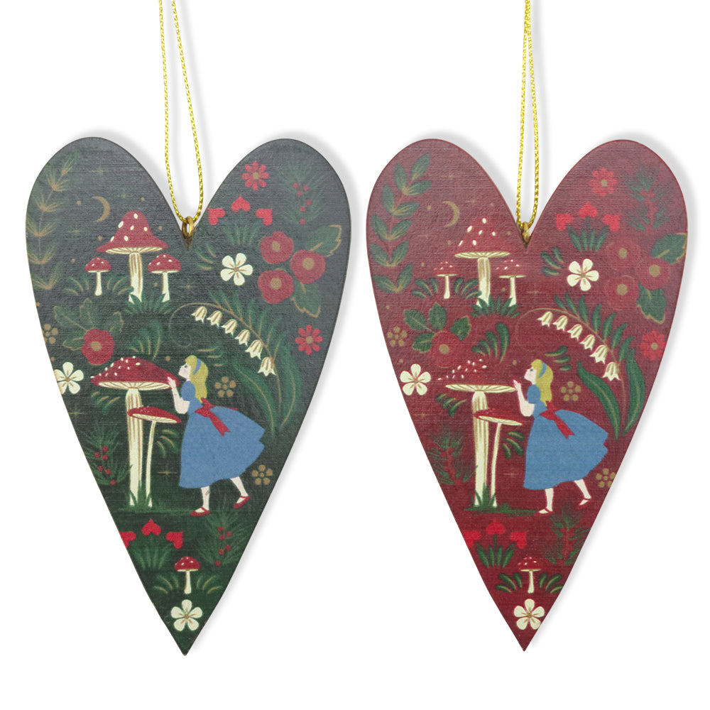 Pair of Alice in Wonderland Wooden Hanging Hearts | Home Decor & Christmas Tree