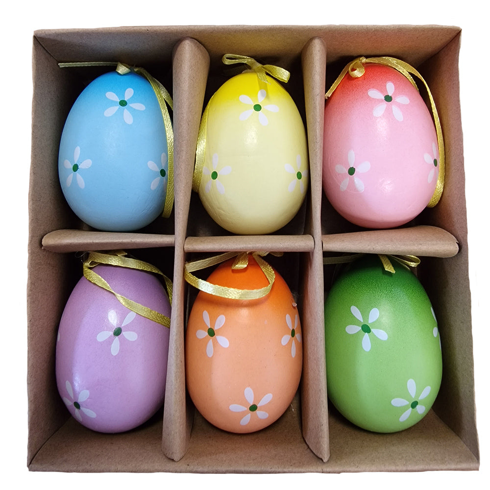 6 Pack 7.5cm Bright Colours with Simple Flowers Print Plastic Hanging Eggs for Easter Trees