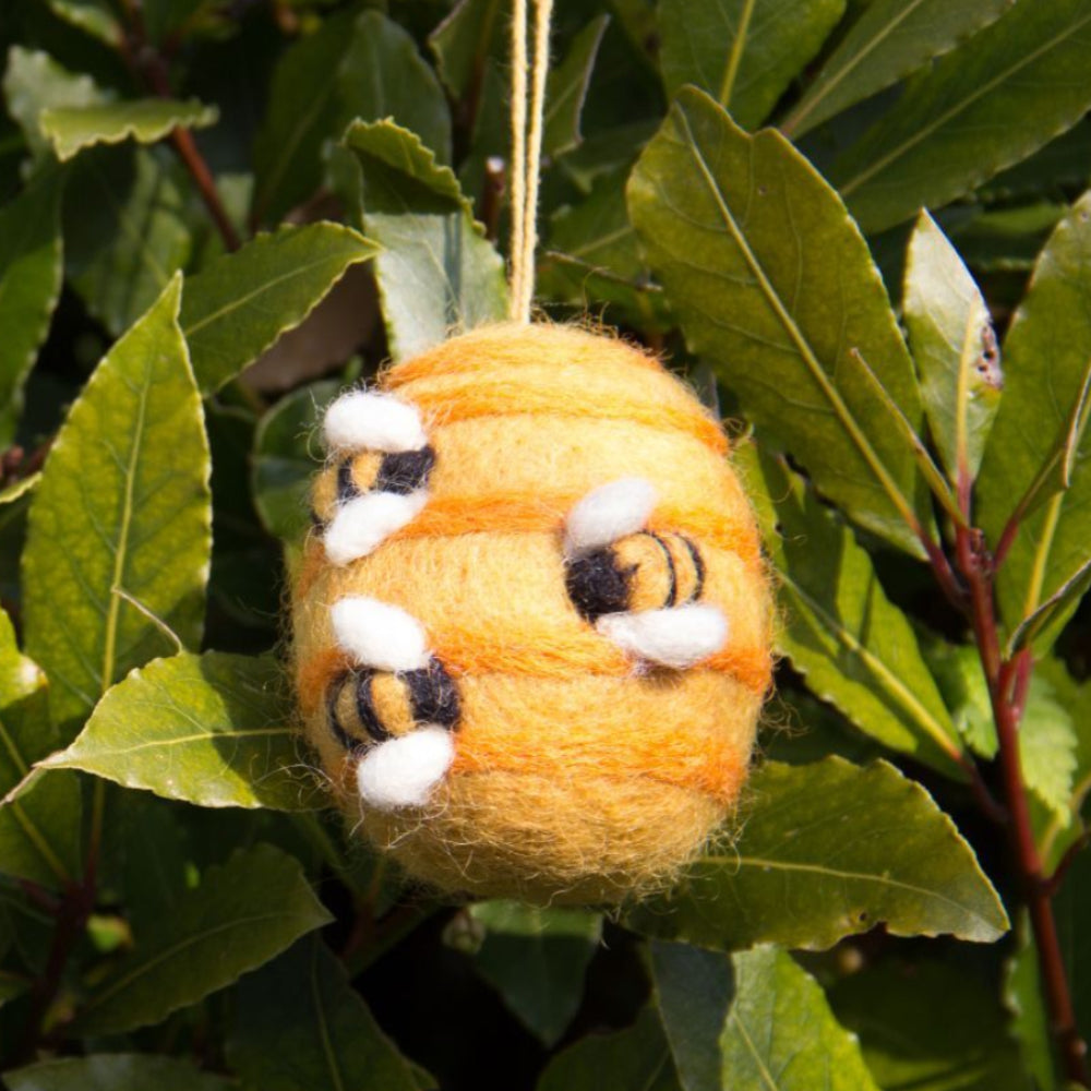 Single 6cm Felted Hanging Bees on a Beehive for Easter Tree Decoration