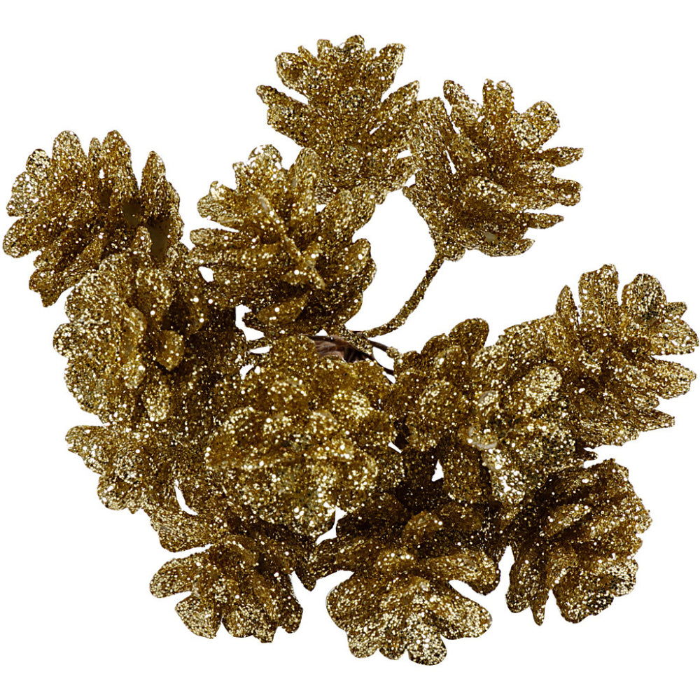 12 Mini Gold Glitter Artificial Pine Cone Wired Floristry Picks