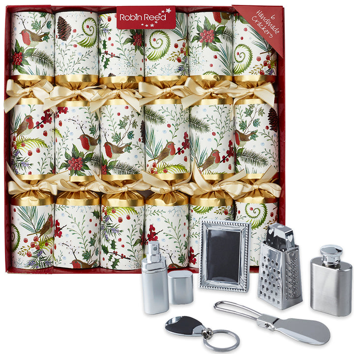 6 Festive Robin Luxury Christmas Crackers | 35cm | With Non-Plastic Gifts