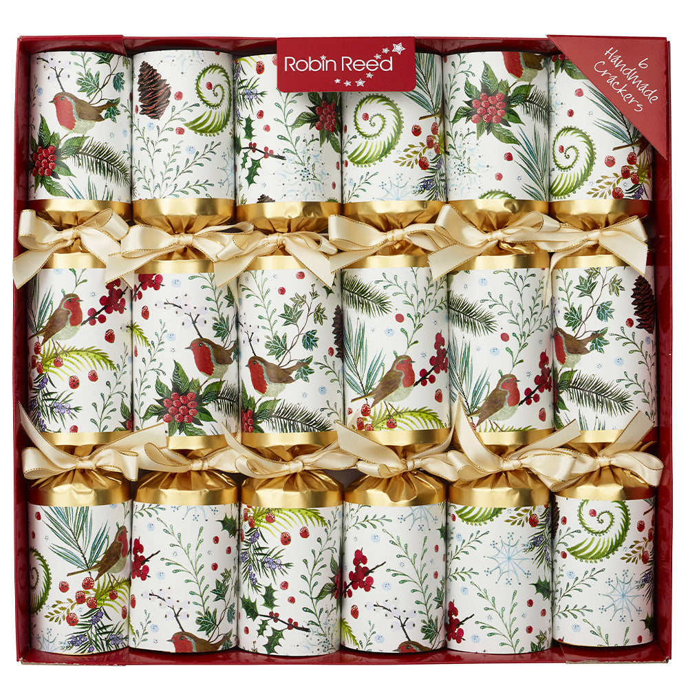 6 Festive Robin Luxury Christmas Crackers | 35cm | With Non-Plastic Gifts
