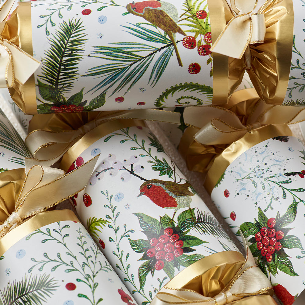 6 Festive Robin Luxury Christmas Crackers | 35cm | With Non-Plastic Gifts