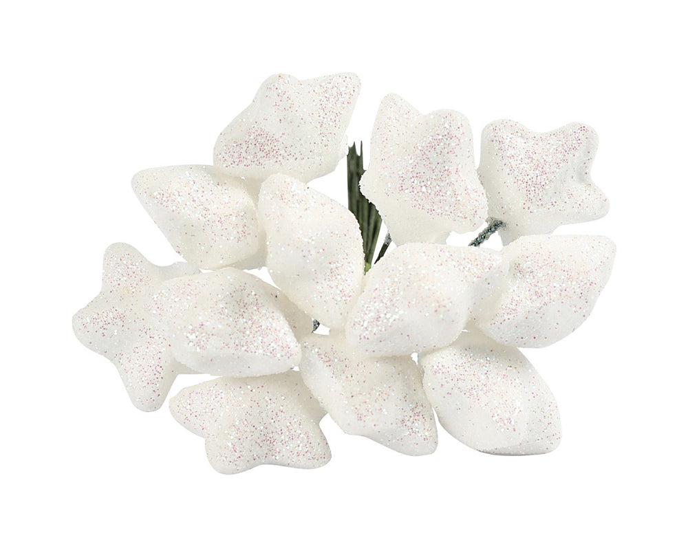 12 Wired White Glitter Stars for Christmas Wreaths & Floristry
