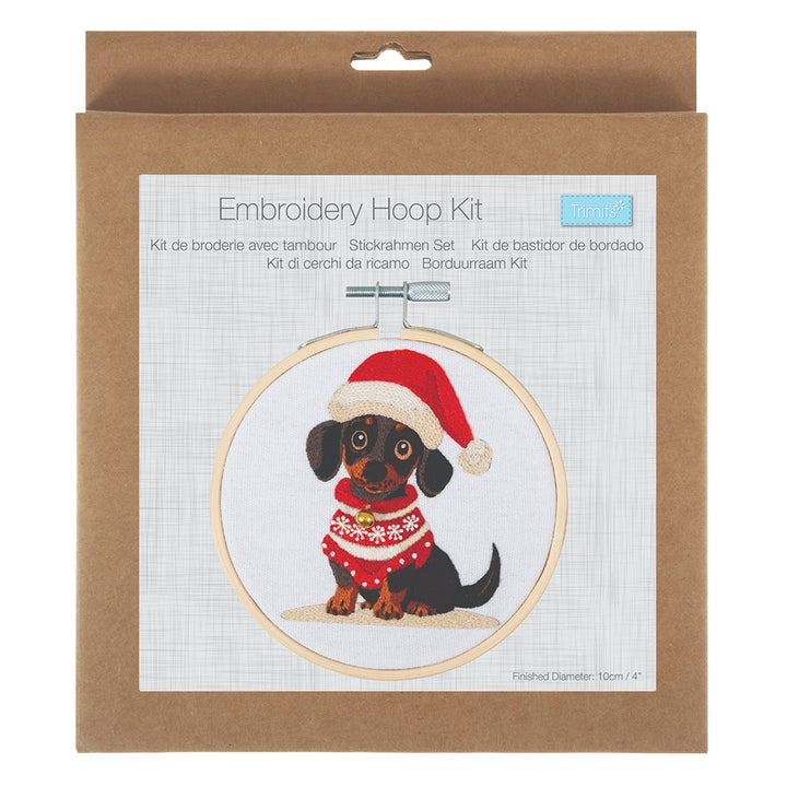 Christmas Dachshund | Complete Embroidery Kit with Hoop | 10cm Wide