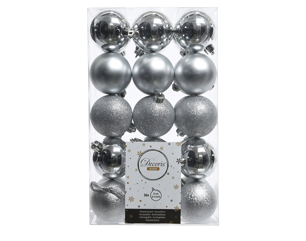 6cm Silver Shatterproof Baubles 30 Pack | Christmas Tree Decorations