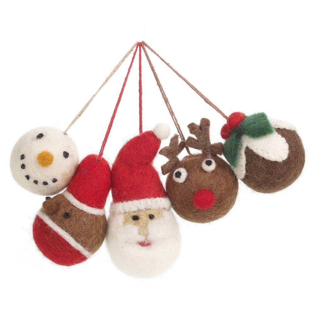 5 6cm Felt Christmas Character Baubles - Hanging Decorations