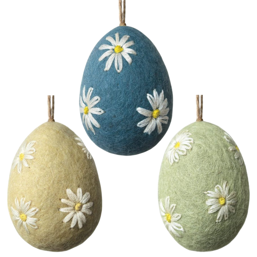 Felt & Embroidered Daisy Egg Ornament | Hanging Easter Tree Decoration