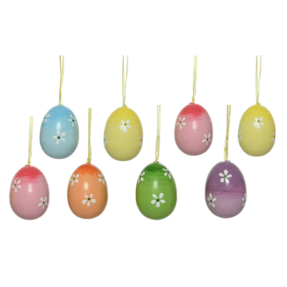 8 Pack 5cm Bright Colours with Simple Flowers Plastic Hanging Eggs for Easter Trees