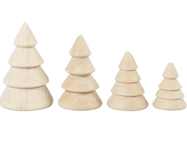 4 Mini Assorted 3D Wooden Christmas Tree Shapes to Decorate