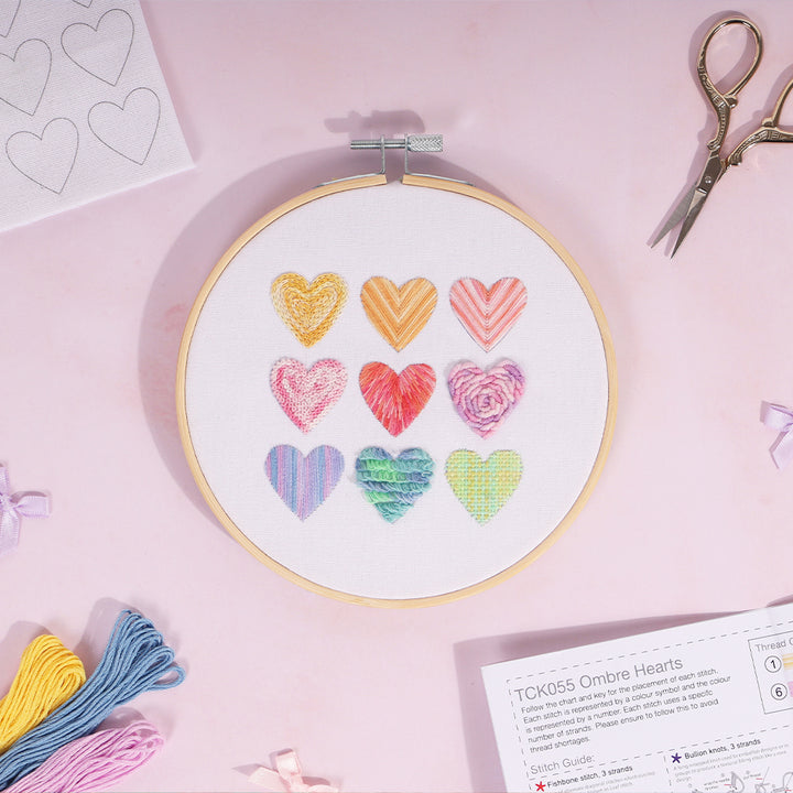 Ombre Hearts | Embroidery Craft Kit with Hoop | 15cm | Boxed Gift
