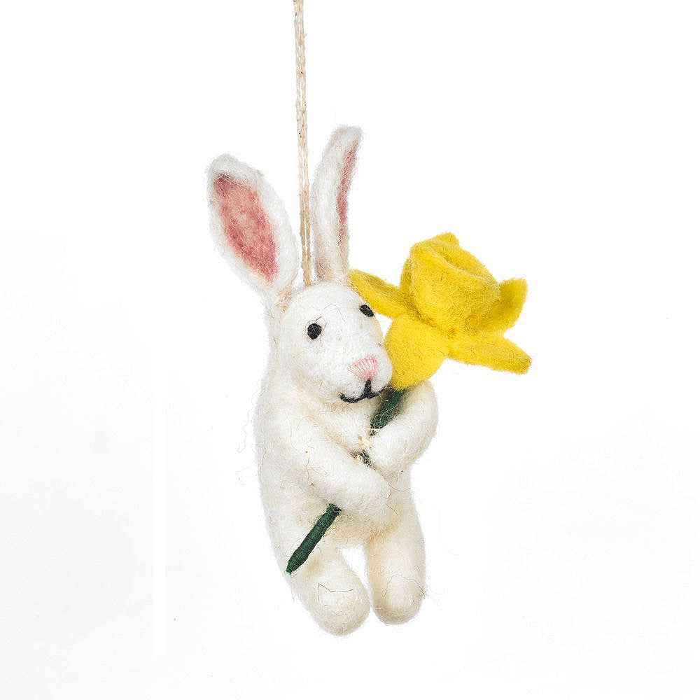 10cm Hand Felted Rabbit with Daffodil | Hanging Easter Tree Decoration
