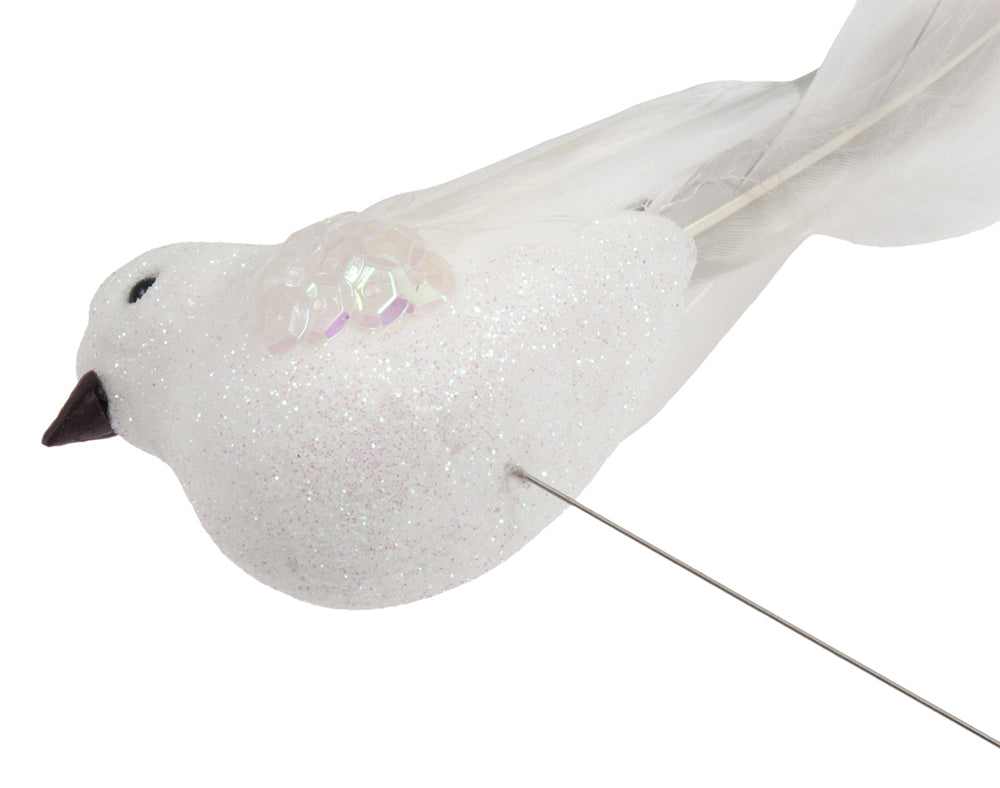2 White Dove Glitter & Feather Wired Bird Christmas Tree Decorations