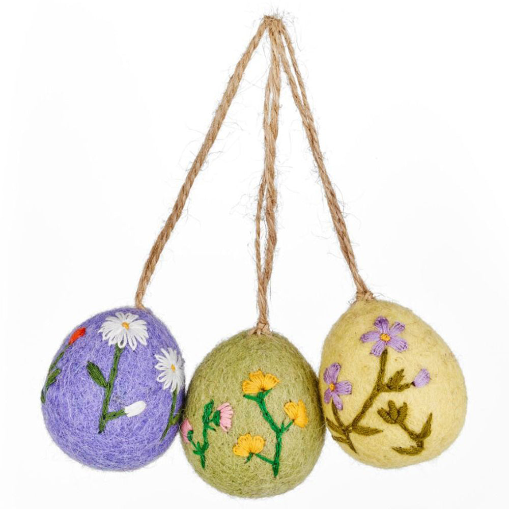 Trio of Pretty Hanging Felt Embroidered Easter Eggs | Handmade Fairtrade