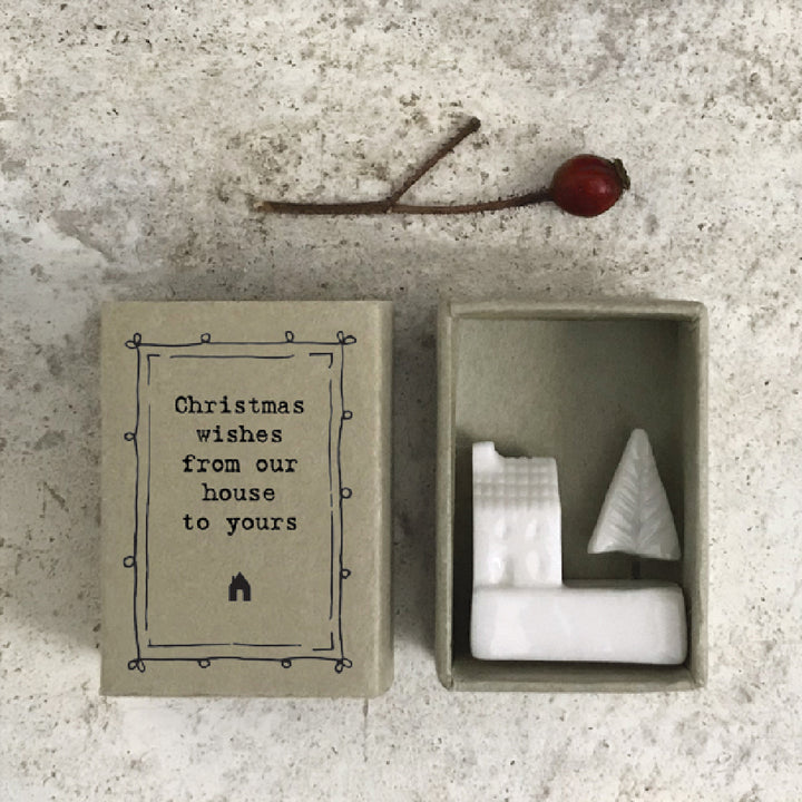 Mini Ceramic House with Tree Ornament 'Christmas Wishes From Our House To Yours' | Cracker Filler Gifts
