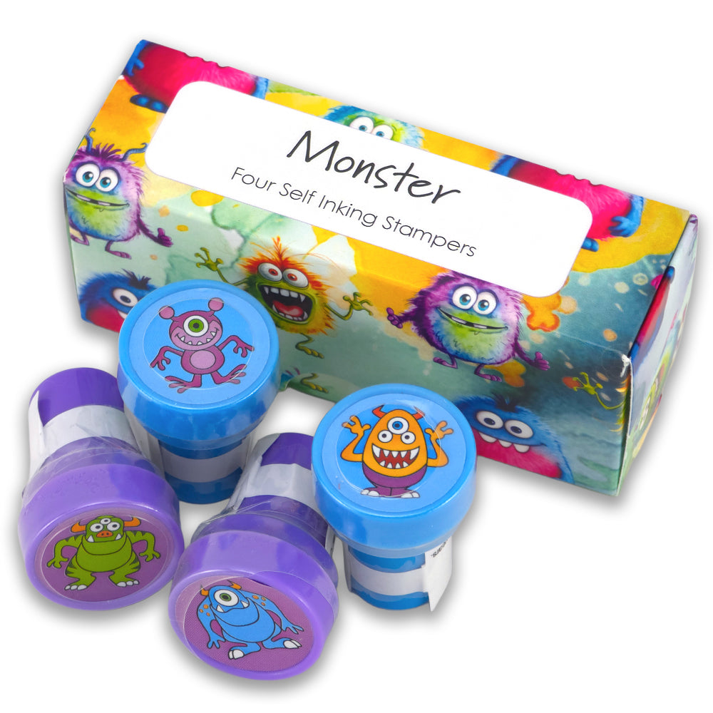 Monster | 4 Self Inking Stampers for Kids | Cracker Filler | Party Bag Gift