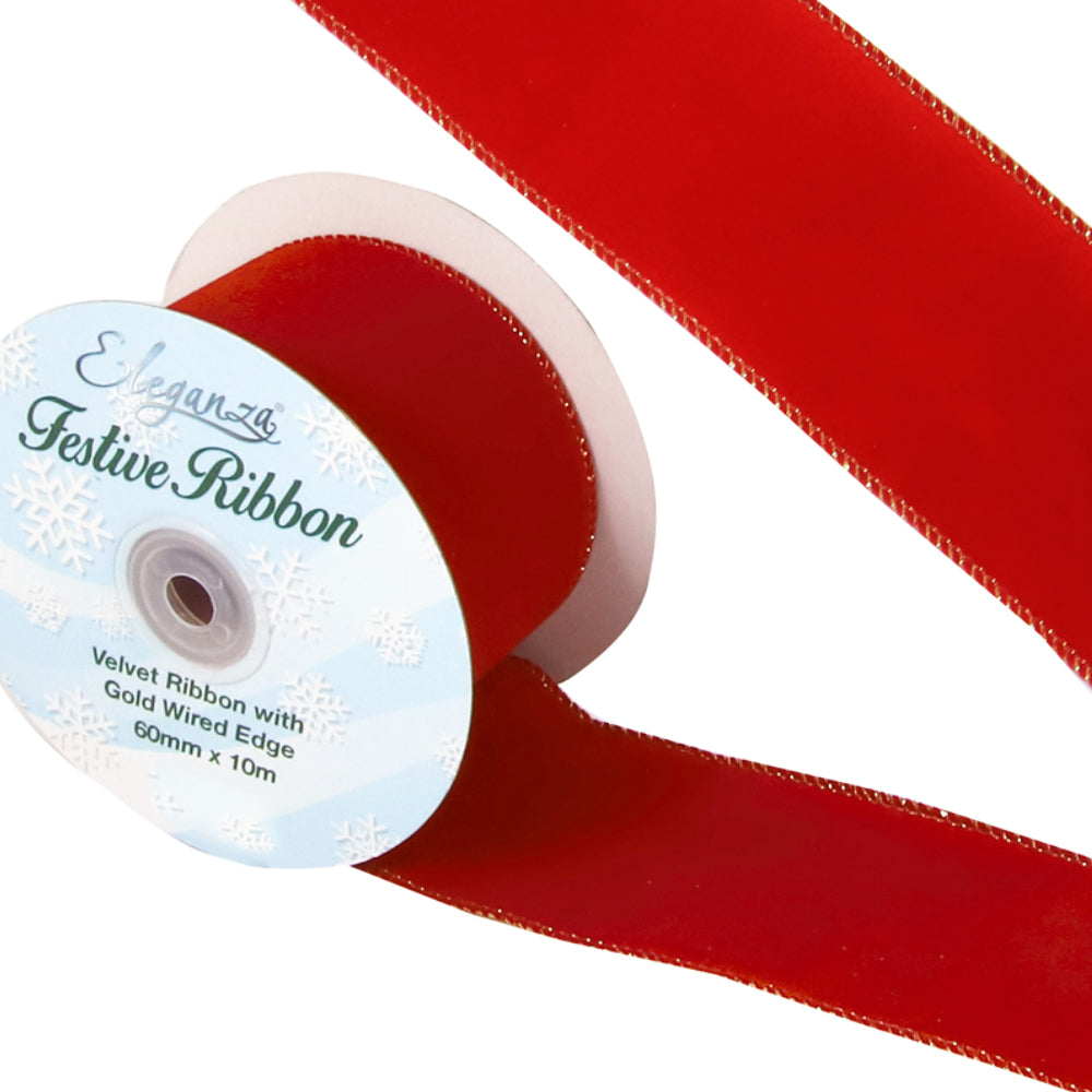 10m 60mm Red Velvet Wired Edge Ribbon for Christmas Floristry Crafts