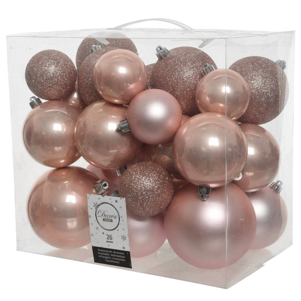 26 Piece Shatterproof Assorted Blush Pink Baubles | Sizes 6cm to 9cm