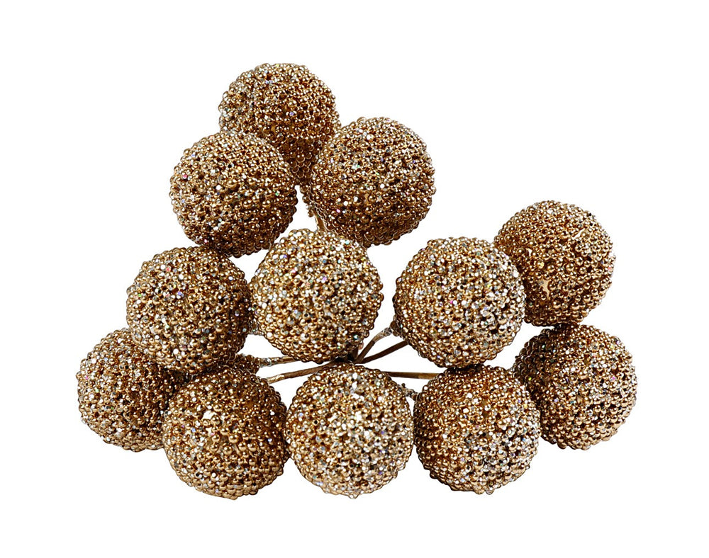 12 Wired Gold Glittered Berries for Christmas Wreaths & Floristry