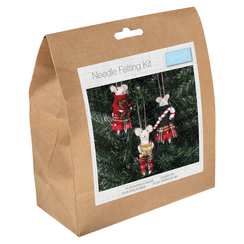 Tartan Mice Trio | Needle Felting Kit | Complete Christmas Craft Kit