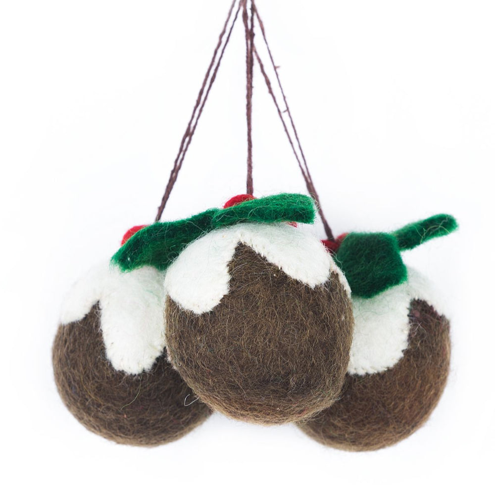 3 6cm Felt Christmas Puddings Baubles - Hanging Decoration | Fairtrade Felt
