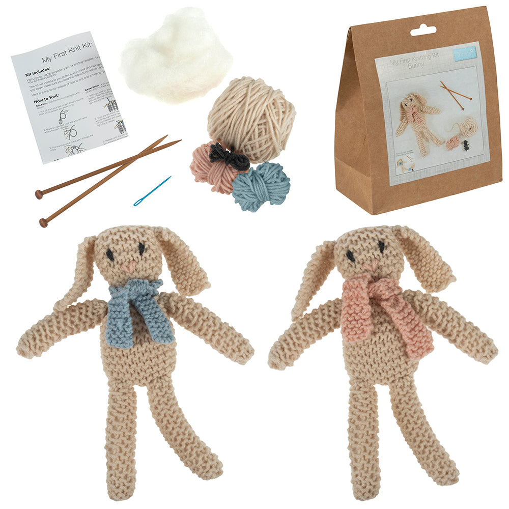 My First Knitting Kit | Bunny and Pink or Blue Scarf | Beginners