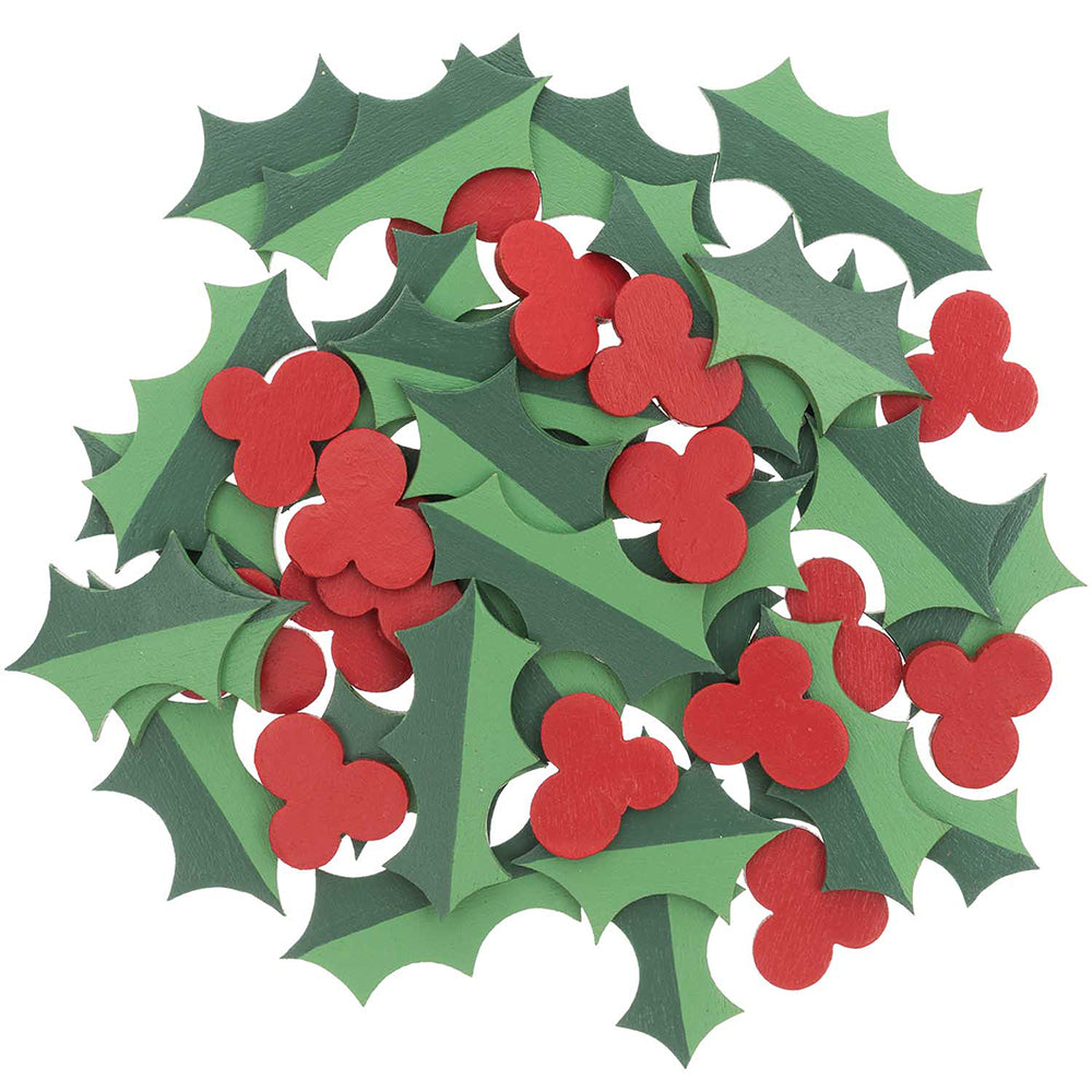 Holly &amp; Berries | Wooden Papercraft Embellishments | 3cm Long | 48 Pieces