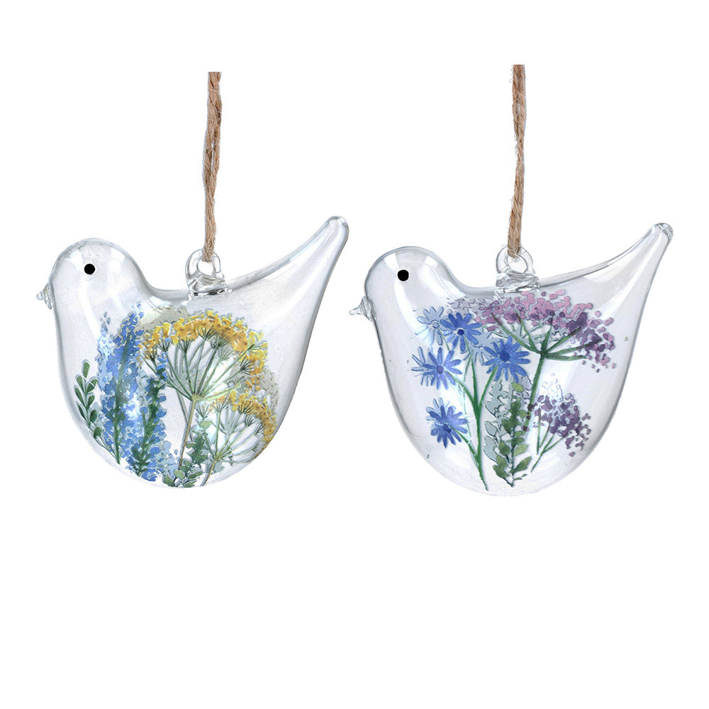 Single 6cm Glass Spring Wildflowers Bird Hanging Decoration for Easter Trees