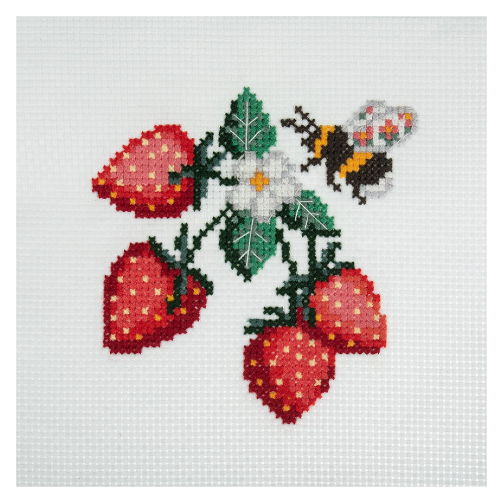 Strawberry & Bee | Small Cross Stitch | Complete Kit | 13cm