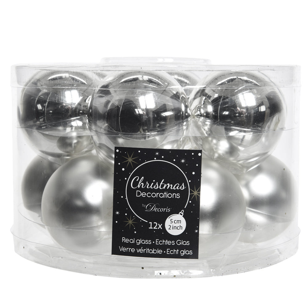 12 5cm Silver Glass Christmas Tree Bauble Decorations::