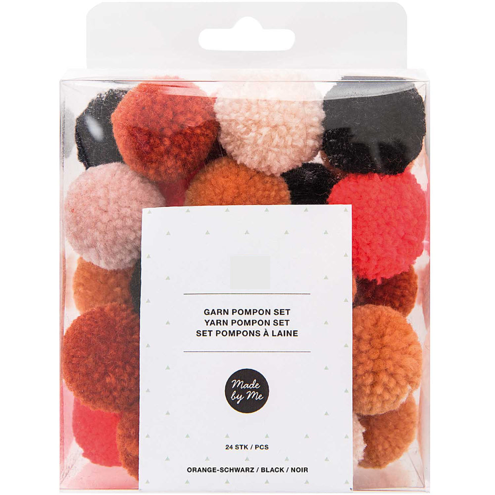 24 Assorted Colour 3cm Yarn Craft Pom Poms - Orange & Black Mix