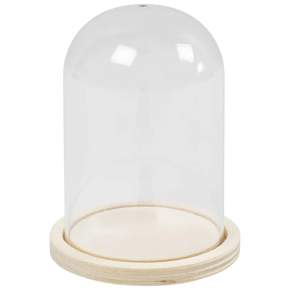Small Hanging Clear Plastic Bell Jar with Wooden Base | 9cm Tall Cloche