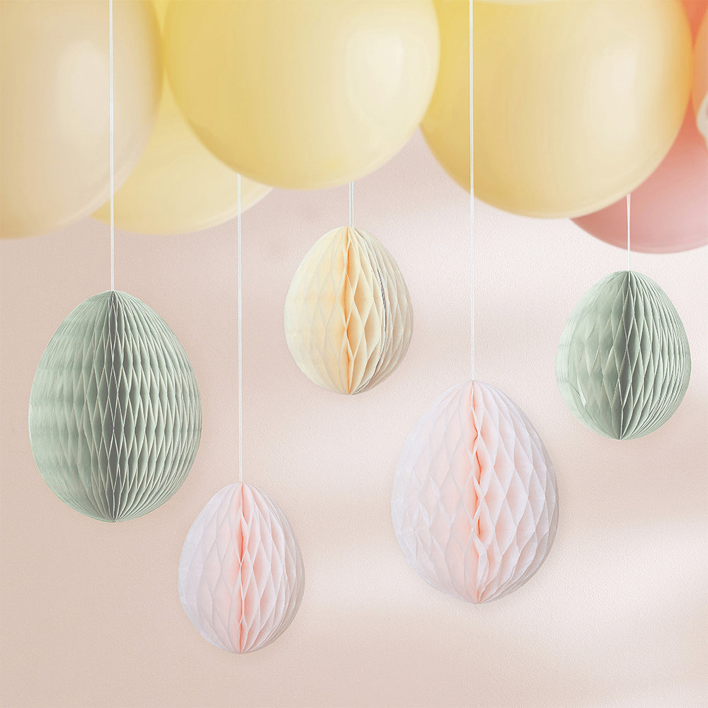 5 Hanging Paper Honeycomb Egg Decorations | 12 &amp; 16cm