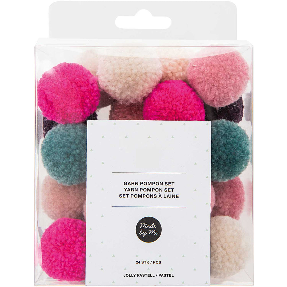 24 Assorted Colour 3cm Yarn Craft Pom Poms - Jolly Pastel Mix