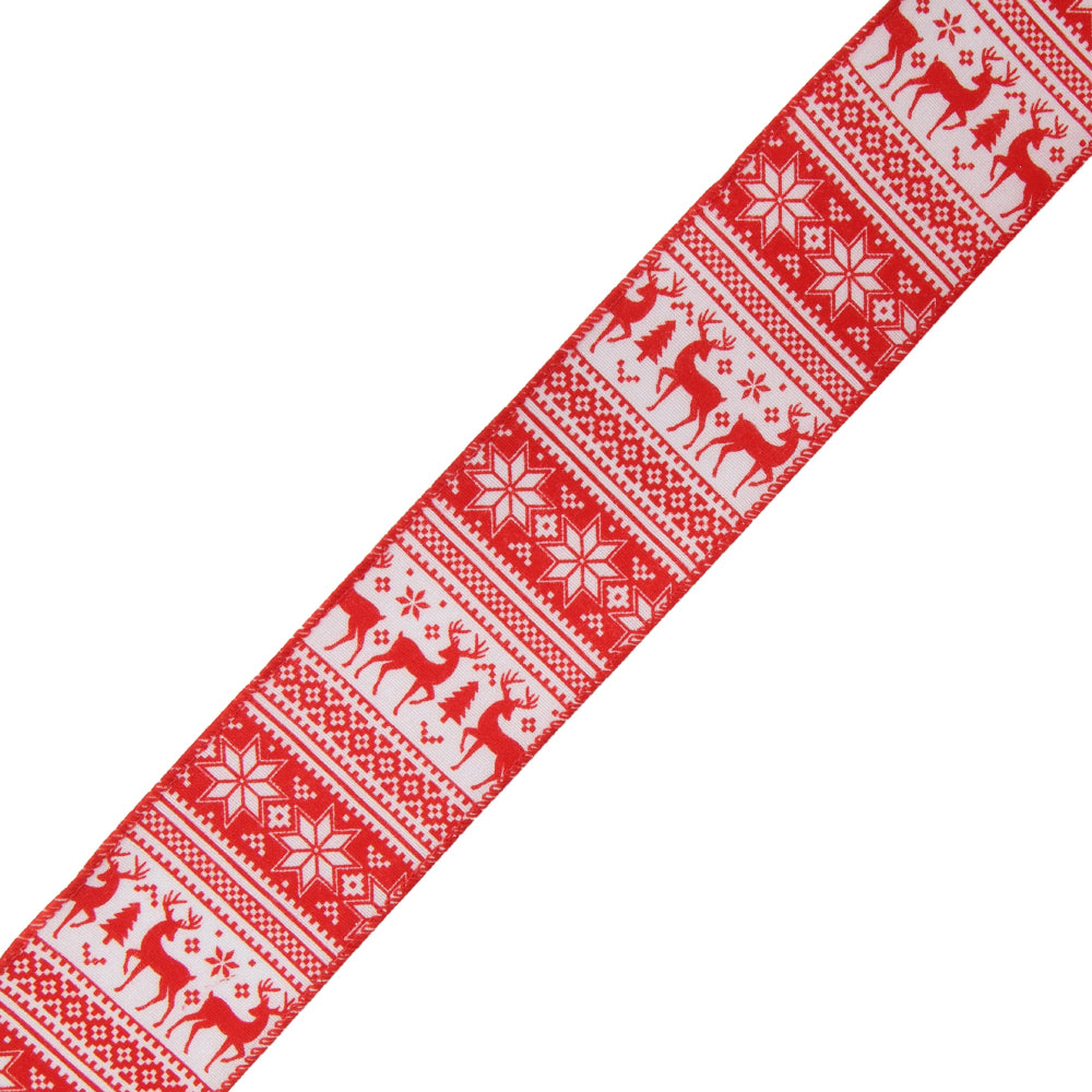 9.1m 63mm Red & White Scandi Christmas Reindeer Wired Edge Ribbon for Crafts