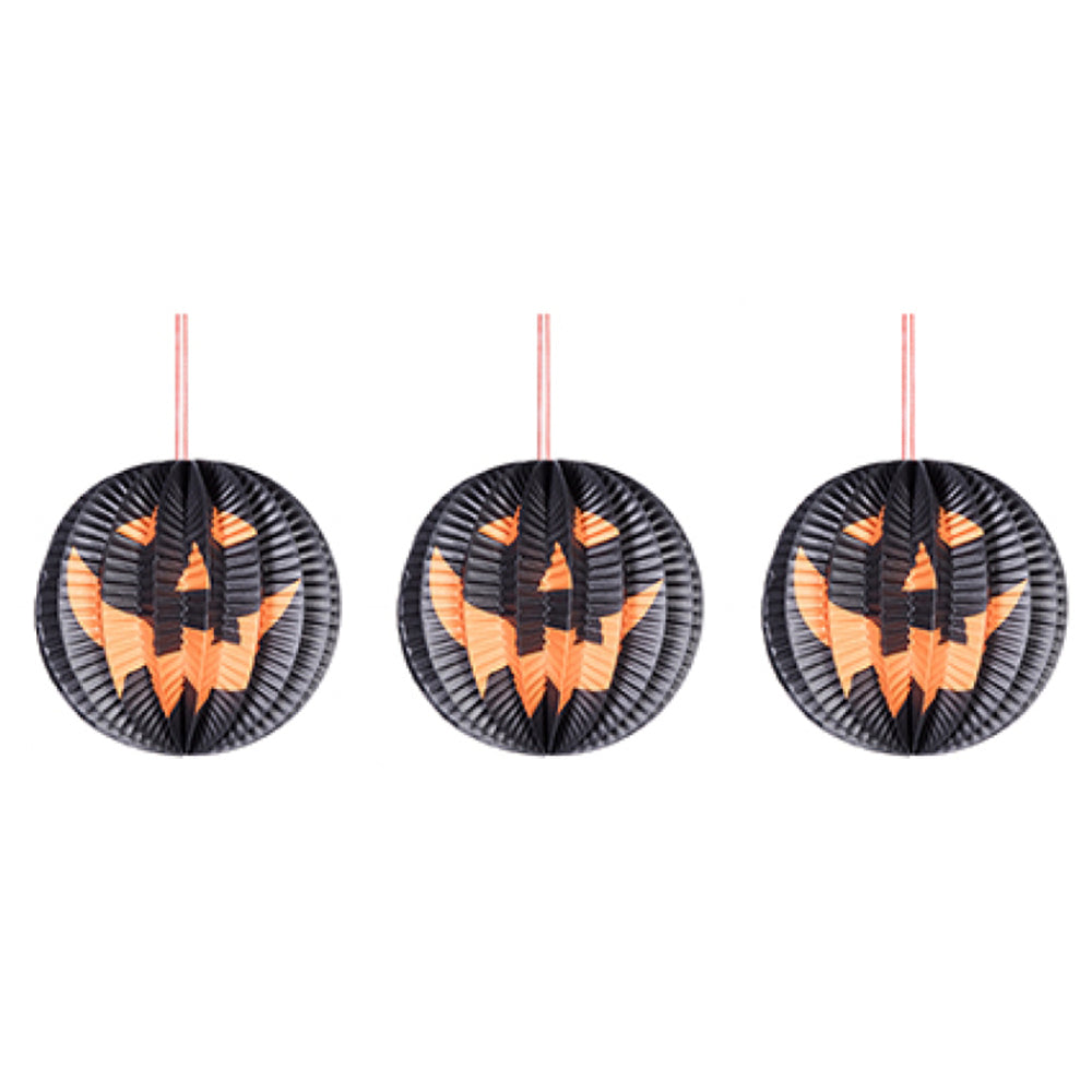 Black | Hanging Paper Pumpkin Decorations | 3 Pack | 10cm Wide