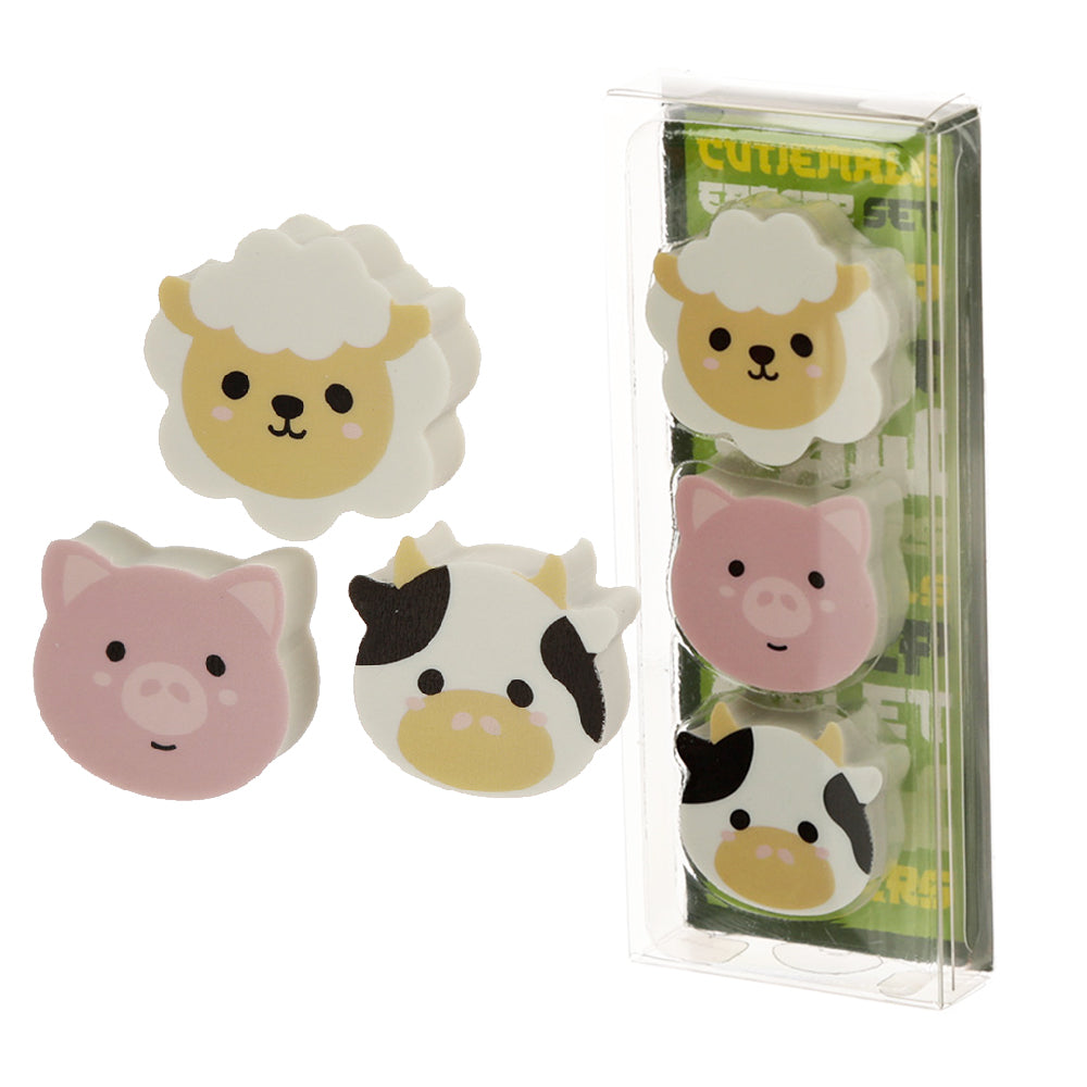 Cow, Pig & Sheep | 3 Piece Eraser Set | Mini Gift | Cracker Filler